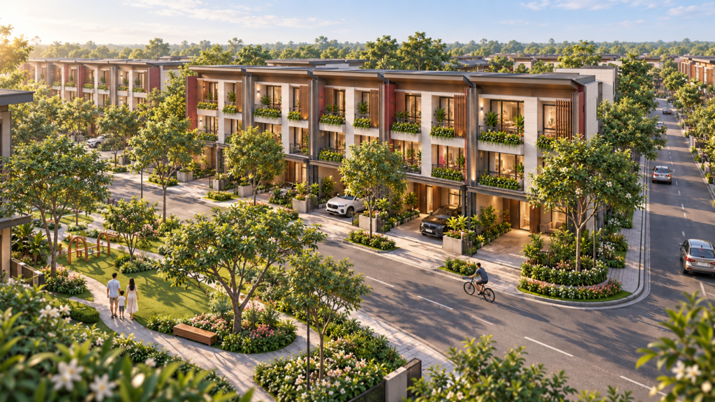 Phối cảnh nhà phố view công viên căn góc